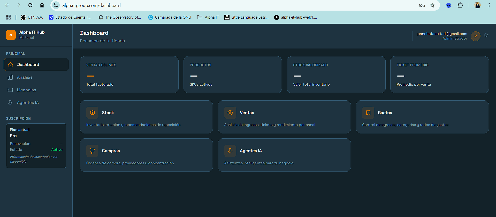Dashboard principal del ERP Alpha IT Hub con agentes IA integrados